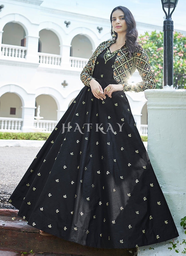 Pakistani Embroidery Long Anarkali Gown Black Georgette Unstitched Abaya |  eBay